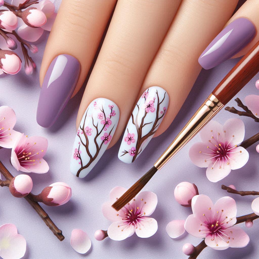 Light Purple with Cherry Blossoms nail art