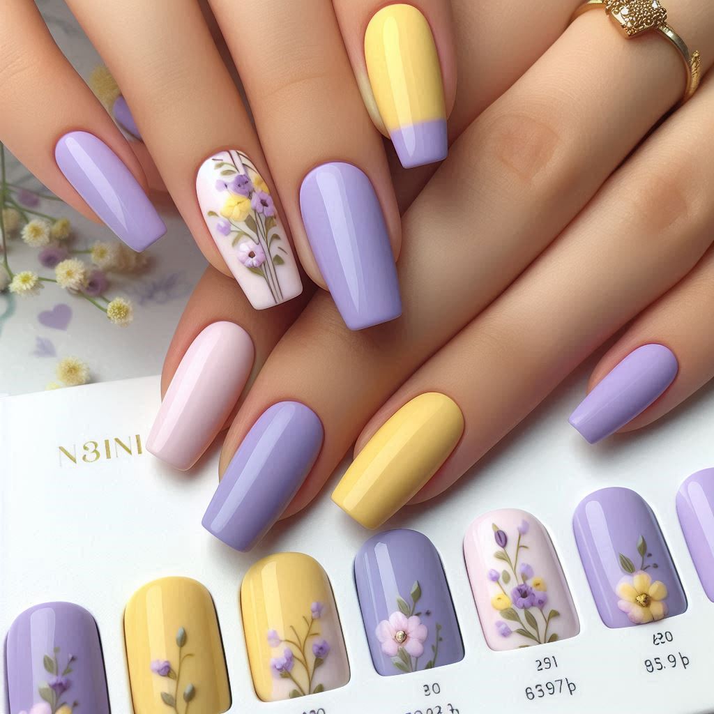 Pale Purple and Yellow Contrasts nail art