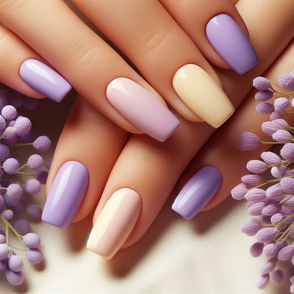 Pale Purple and Yellow Contrasts nail art