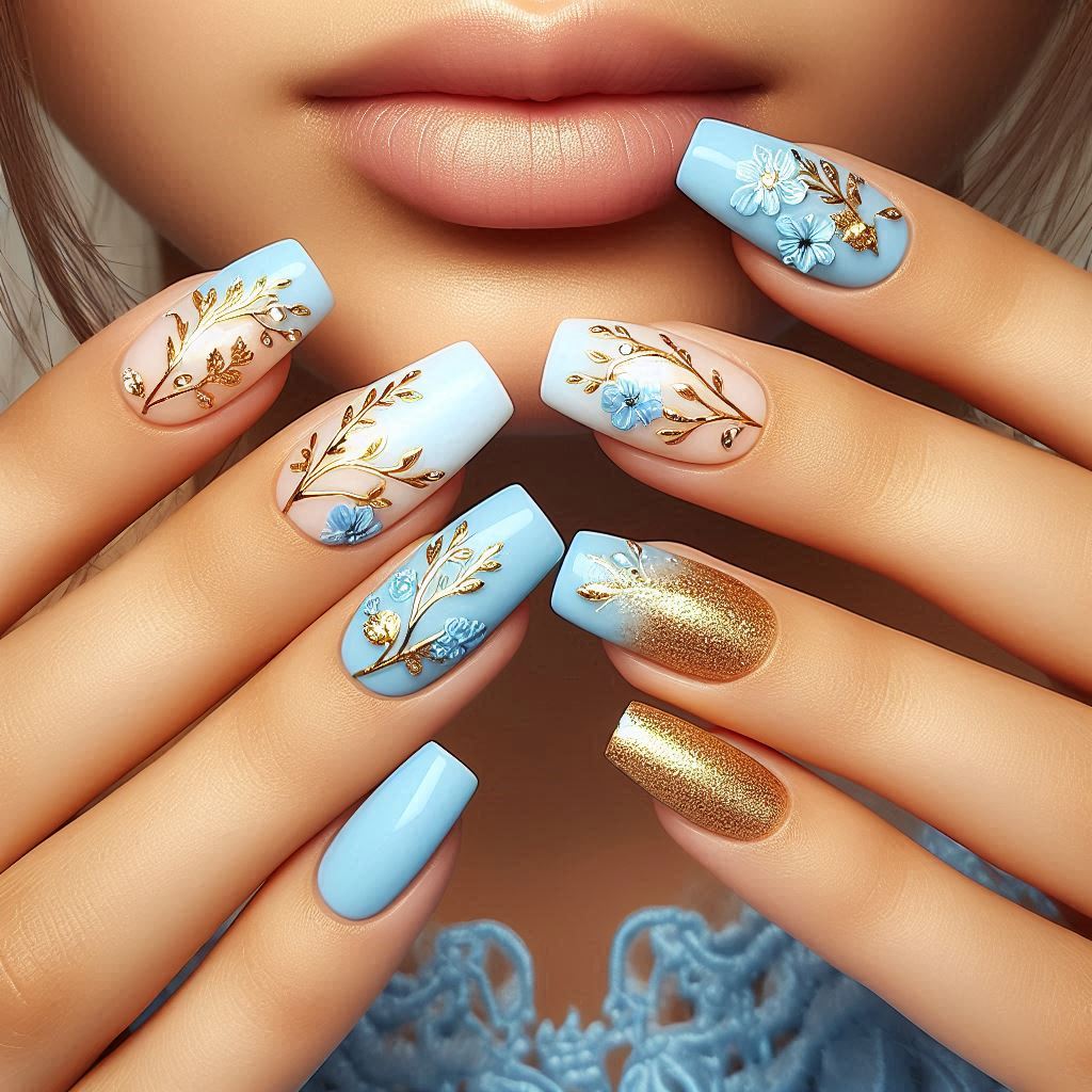 Light Blue and Gold Nail Designs