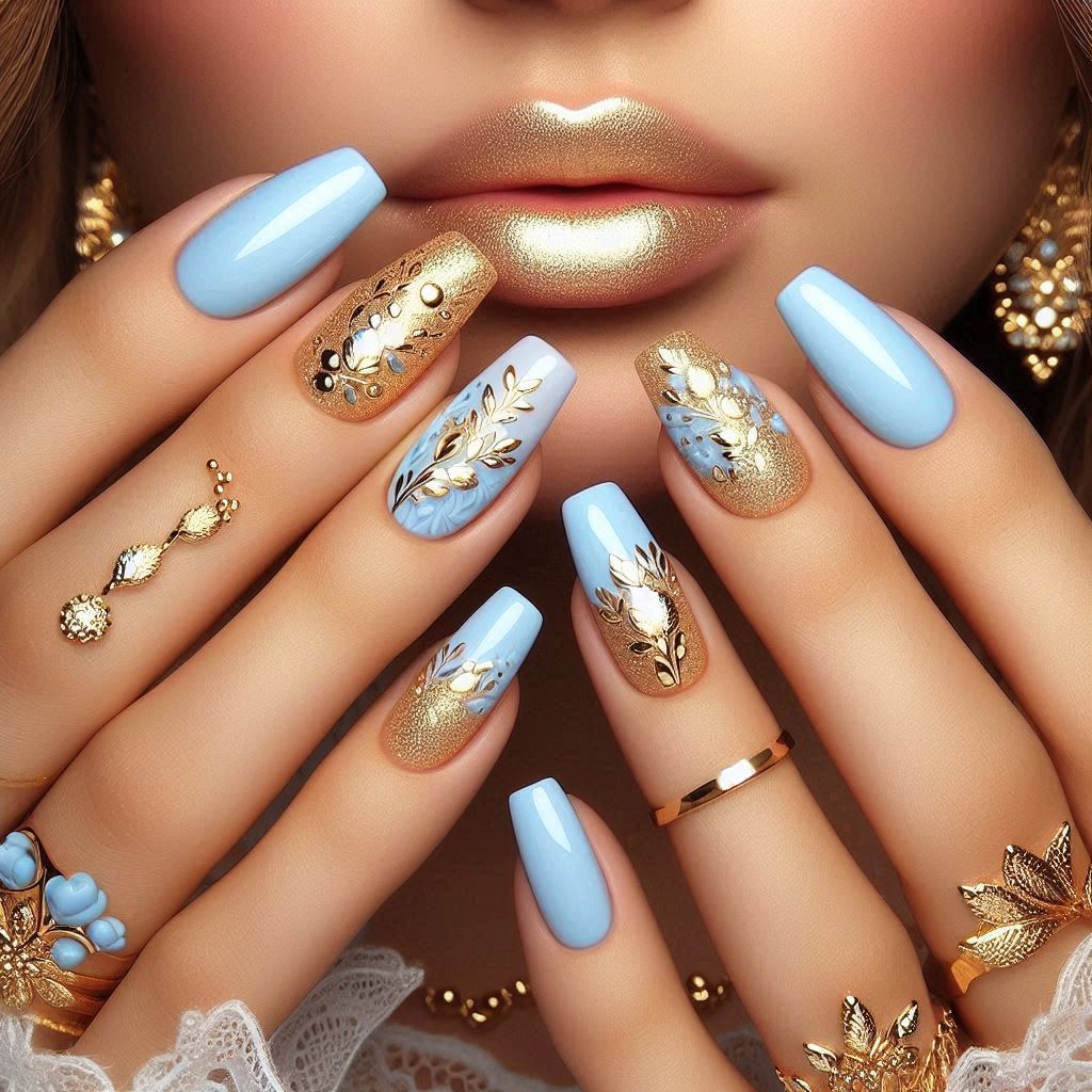 Light Blue and Gold Nail Designs