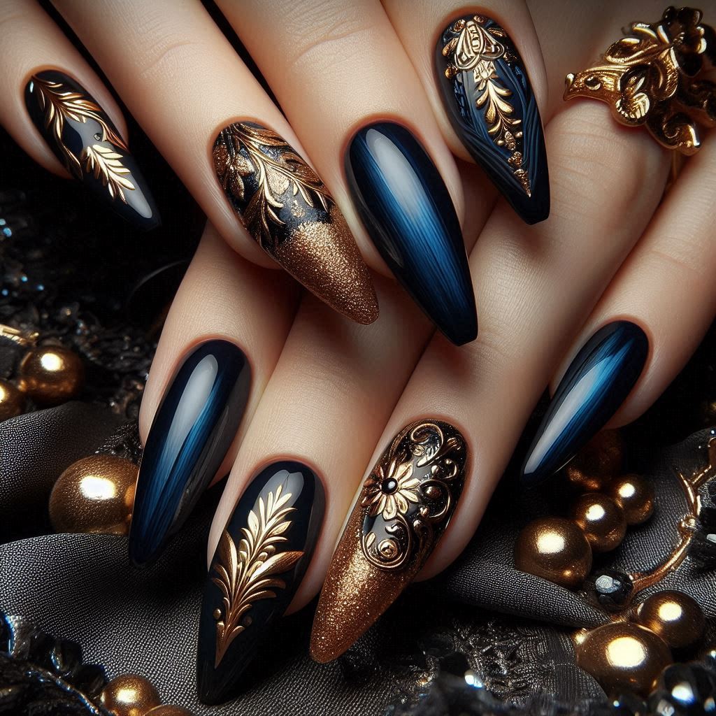 Dark Blue and Gold Nail Designs