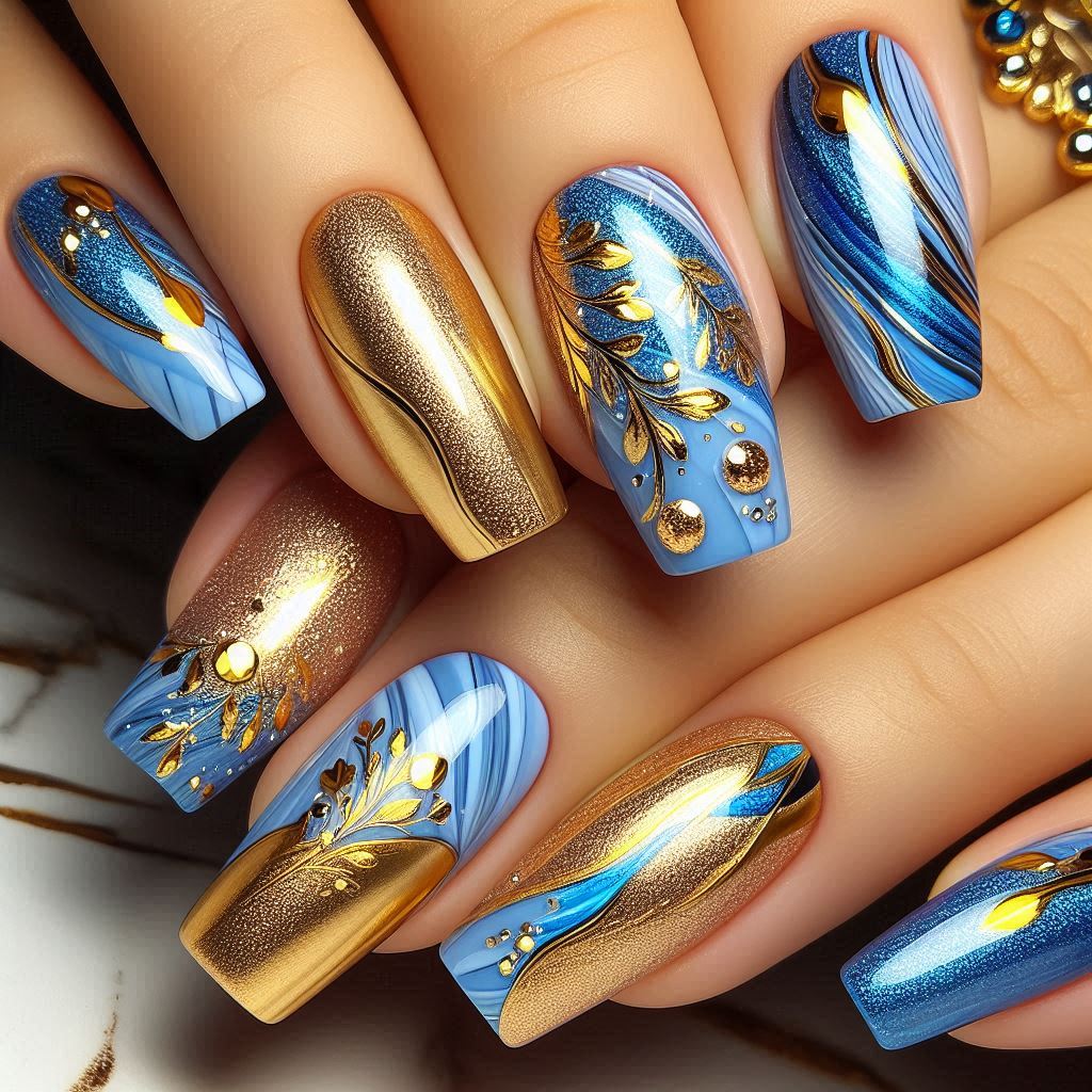 Blue and Gold Gel Nail Designs