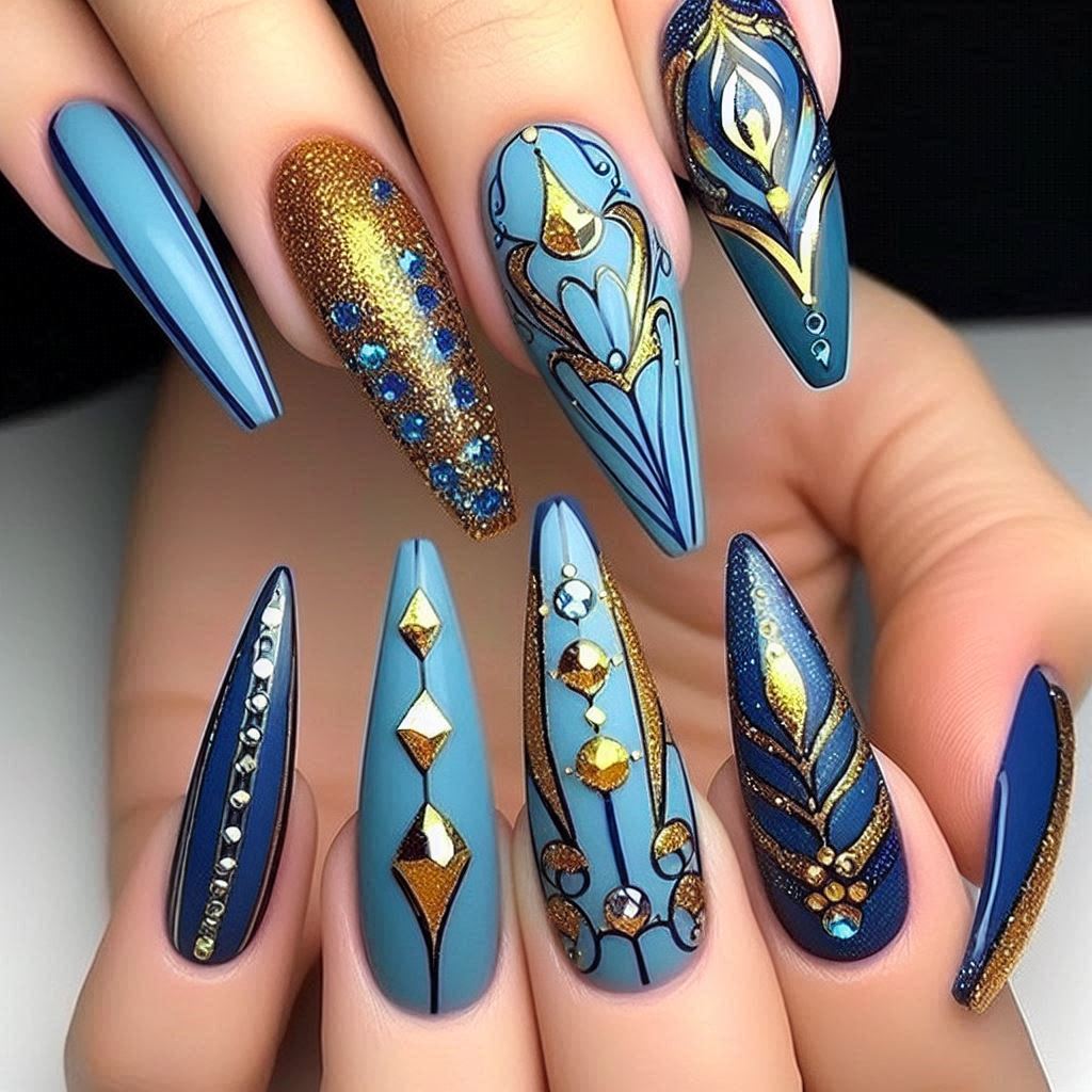 Coffin Blue and Gold Nail Design