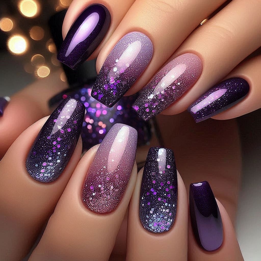 purple glitter nail design