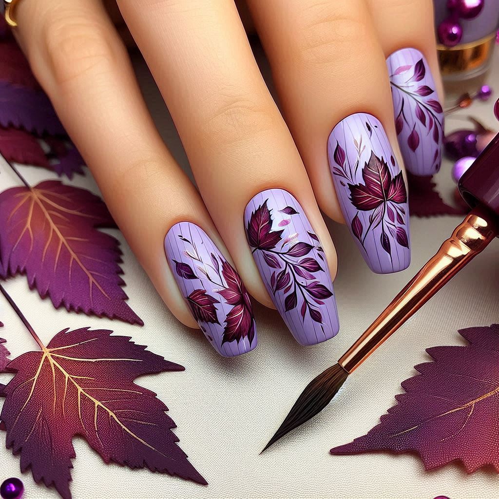 fall purple leaves nail art