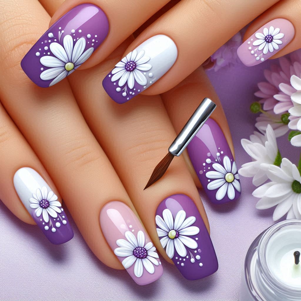 purple and white daisy flower nail designs