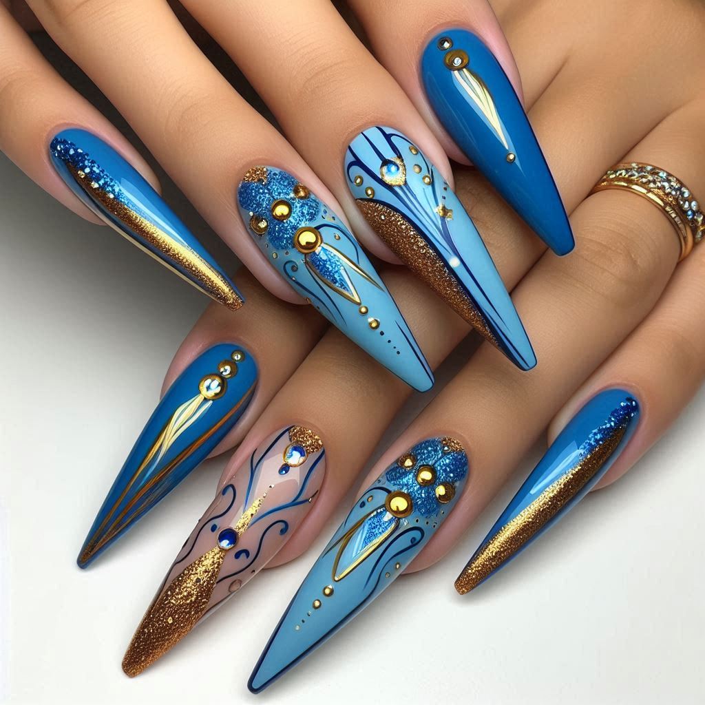 Coffin Blue and Gold Nail Design