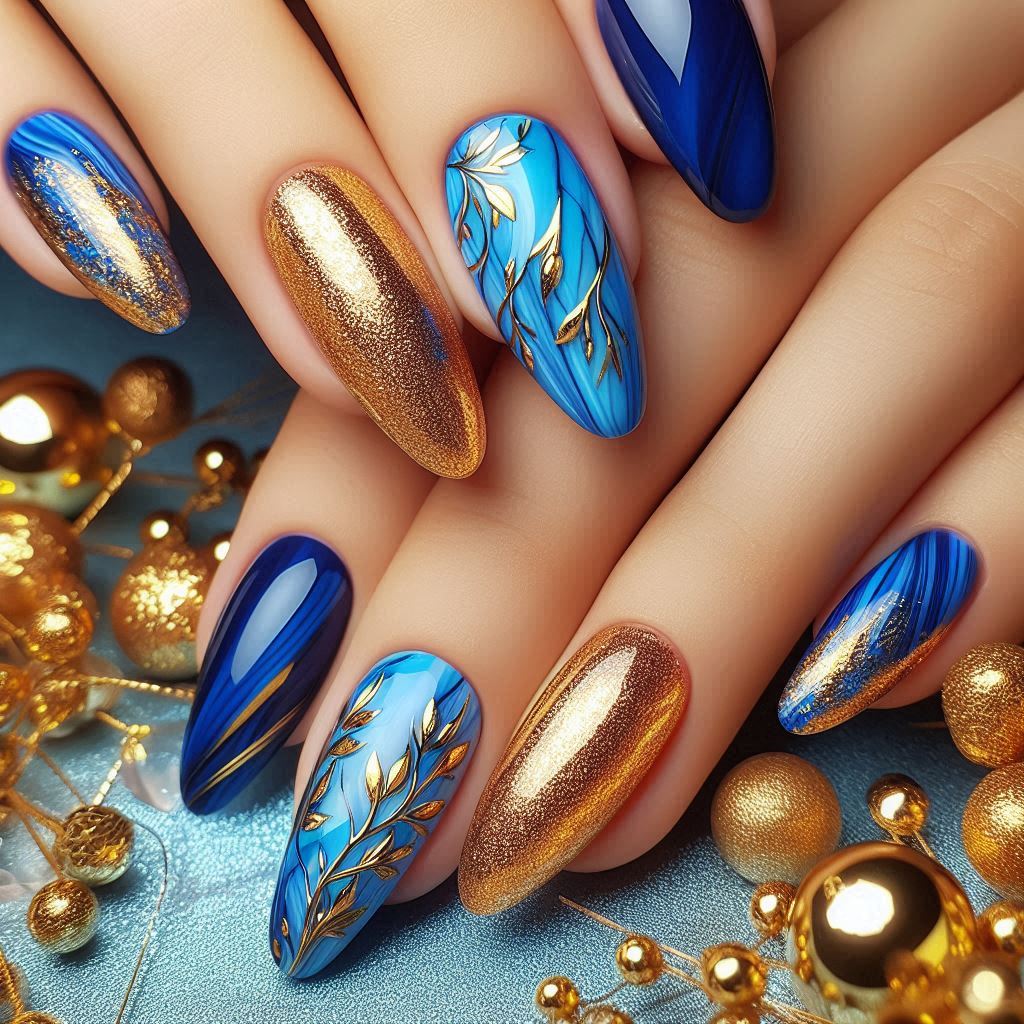 Blue and Gold Gel Nail Designs