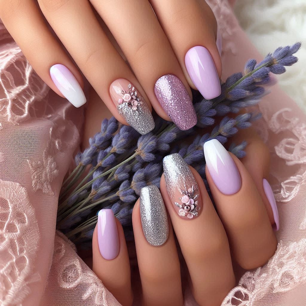 Pink lavender with silver shimmer nail designs