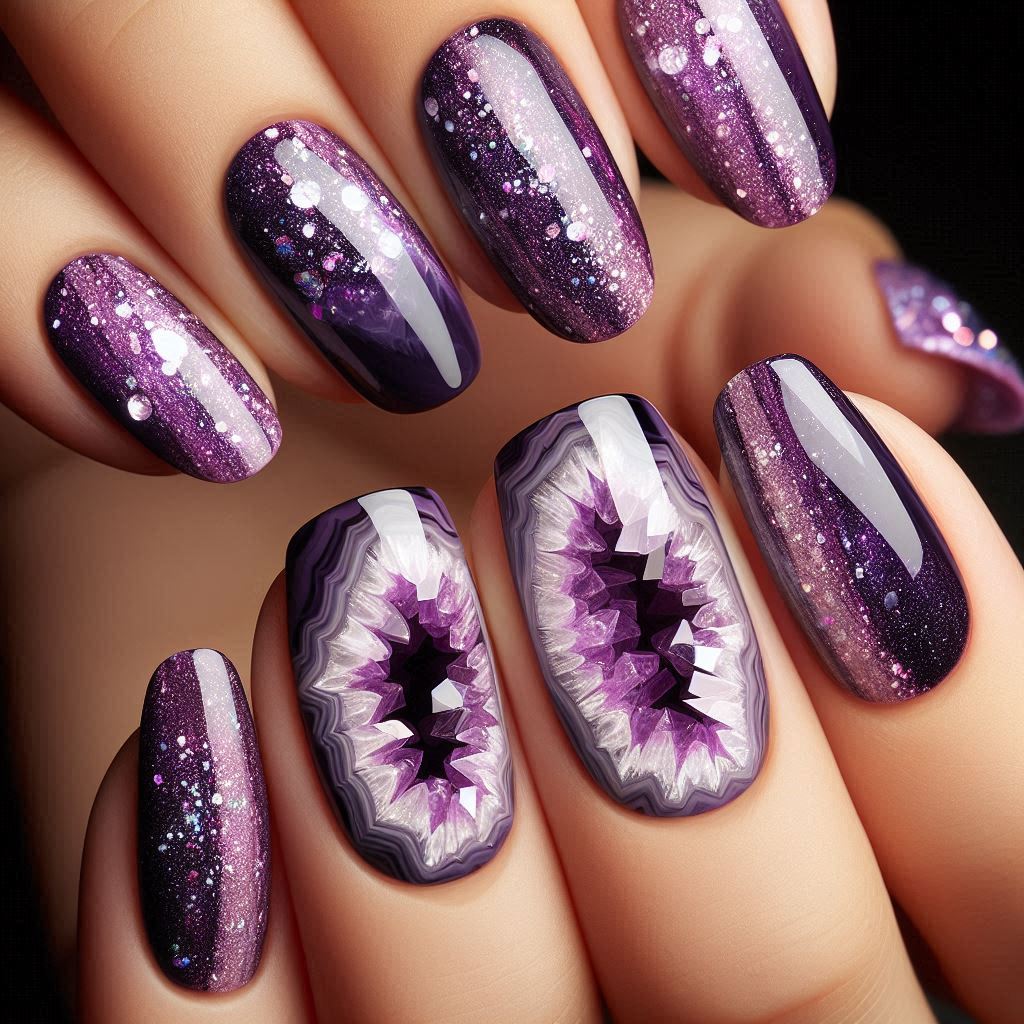 dark purple crystalline nail art