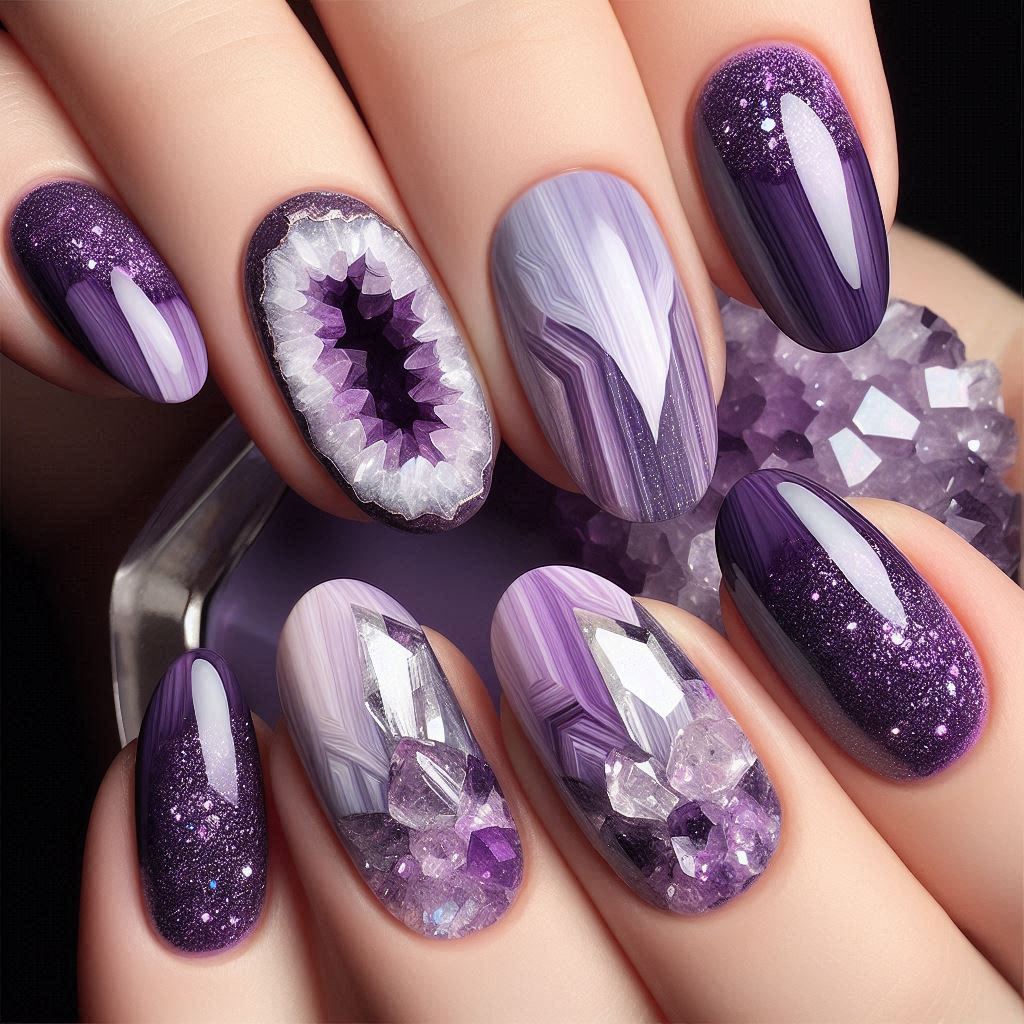 purple crystalline nail art