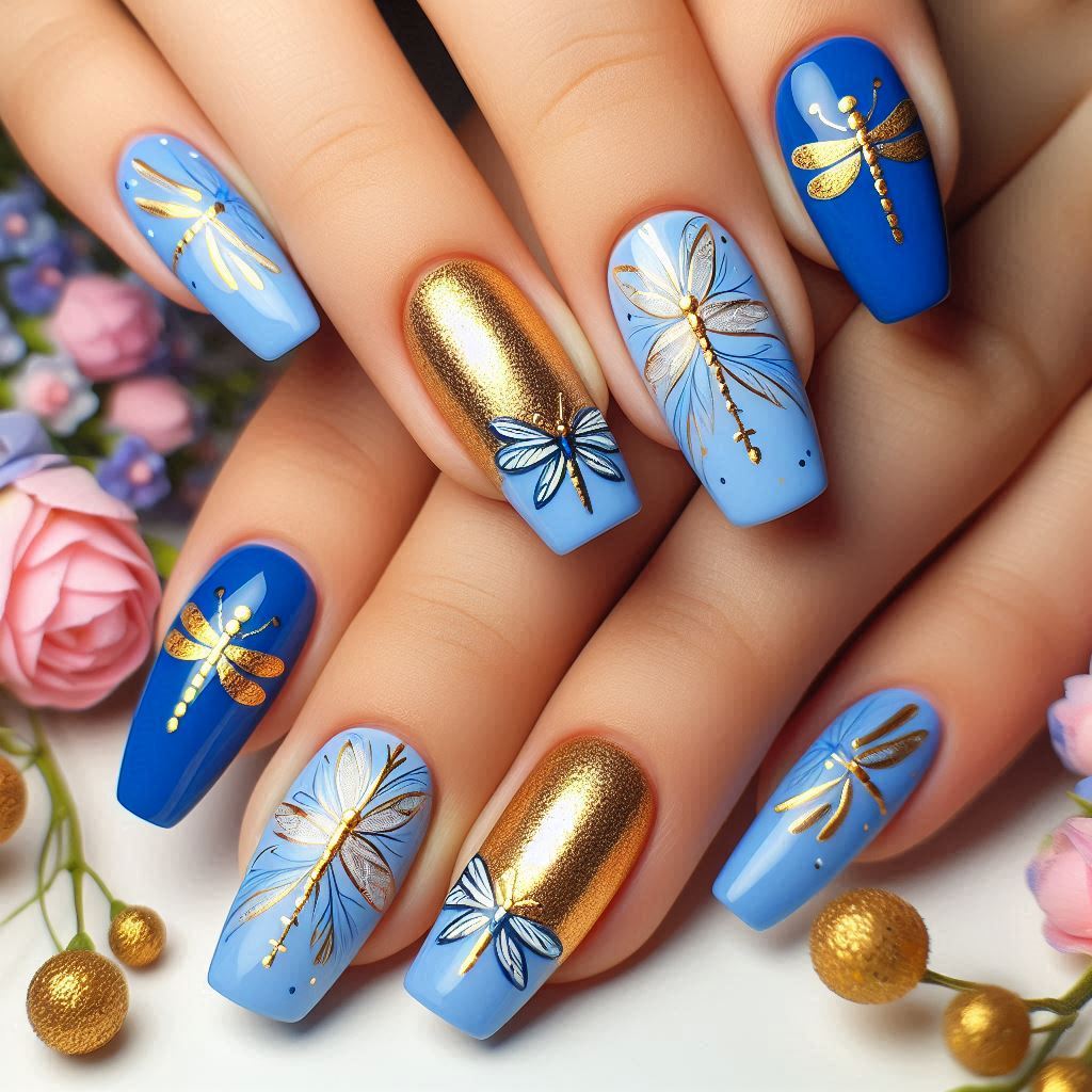 Blue and Gold Dragonfly Nail Designs