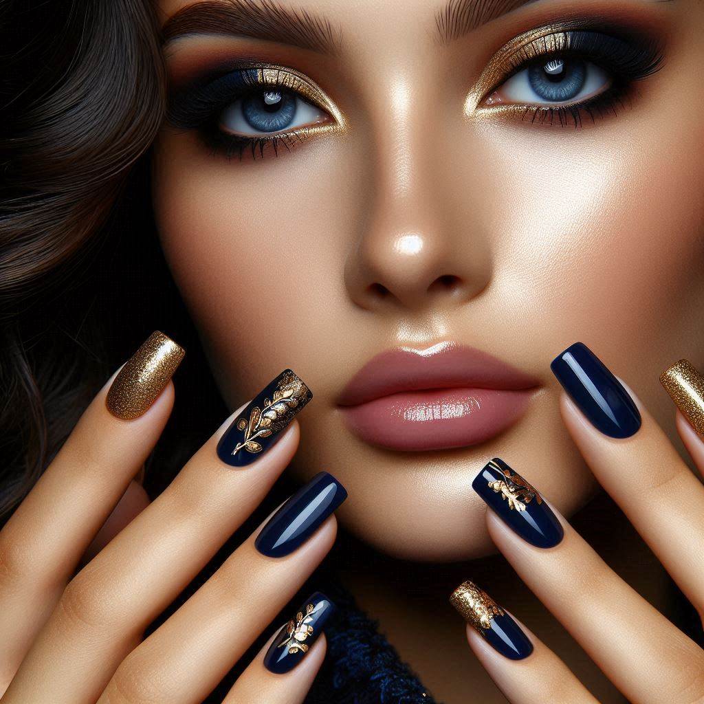 Navy Blue and Gold Nail Designs