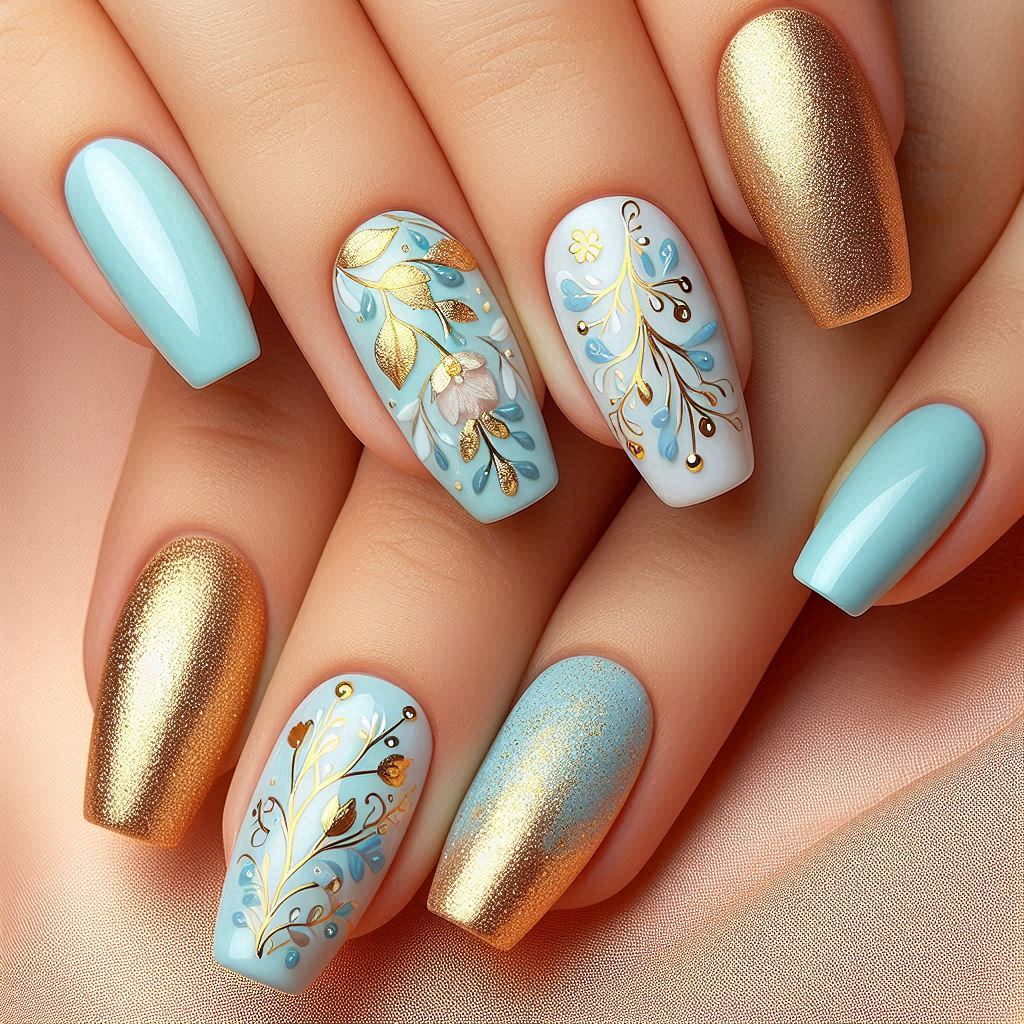 Light Blue and Gold Nail Designs