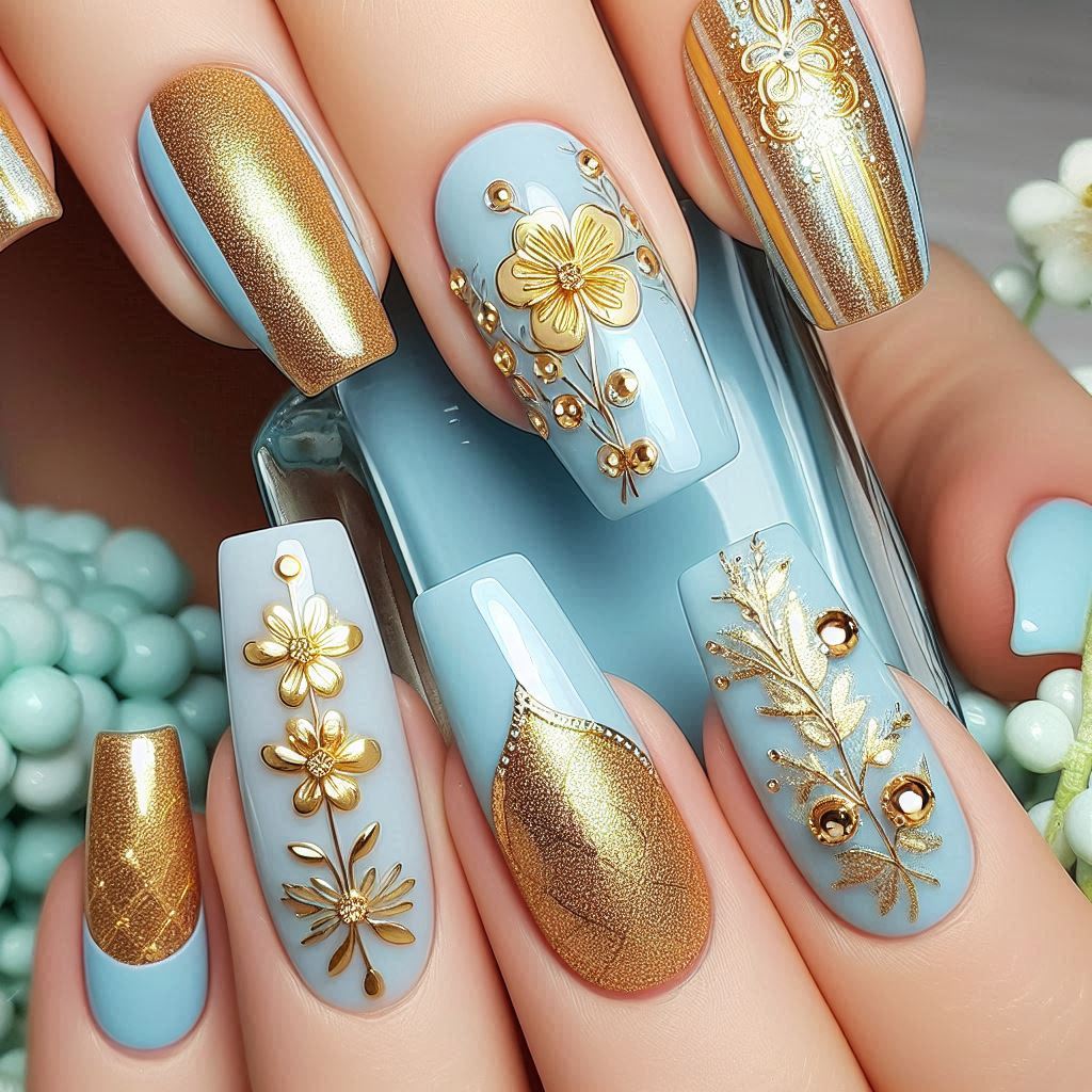 Light Blue and Gold Nail Designs