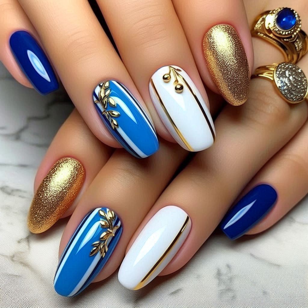 Blue Gold and White Nail Designs