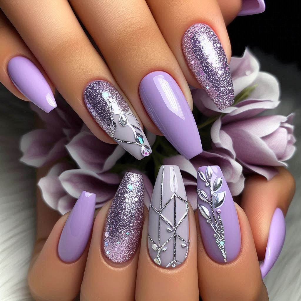 Lilac and Silver Nail Designs 