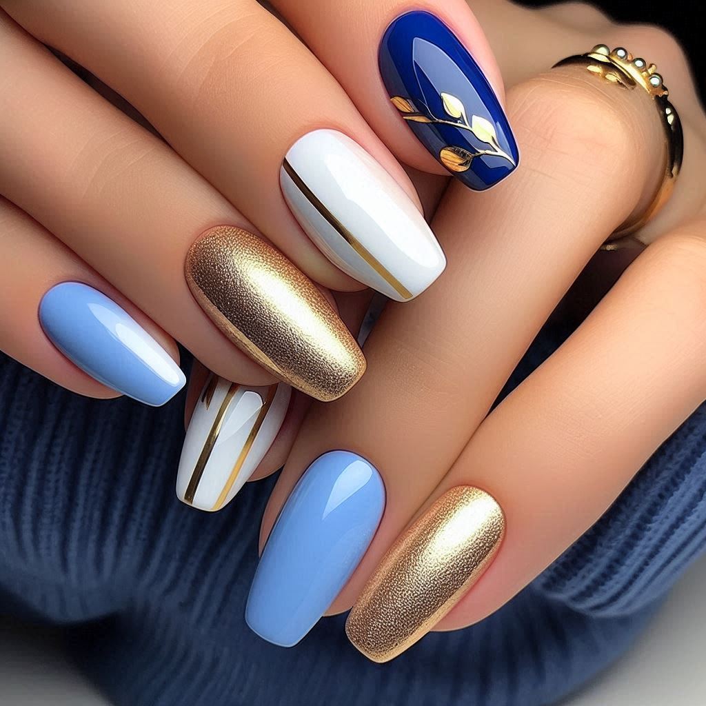 Blue Gold and White Nail Designs