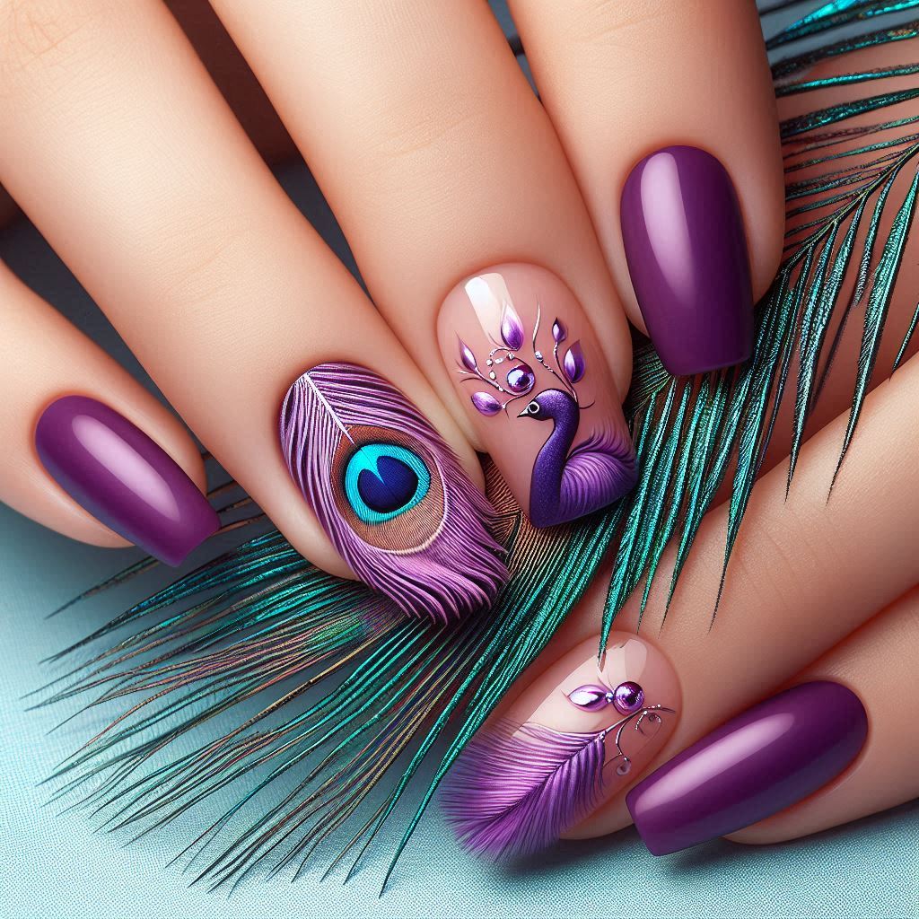 peacock feather purple nail design