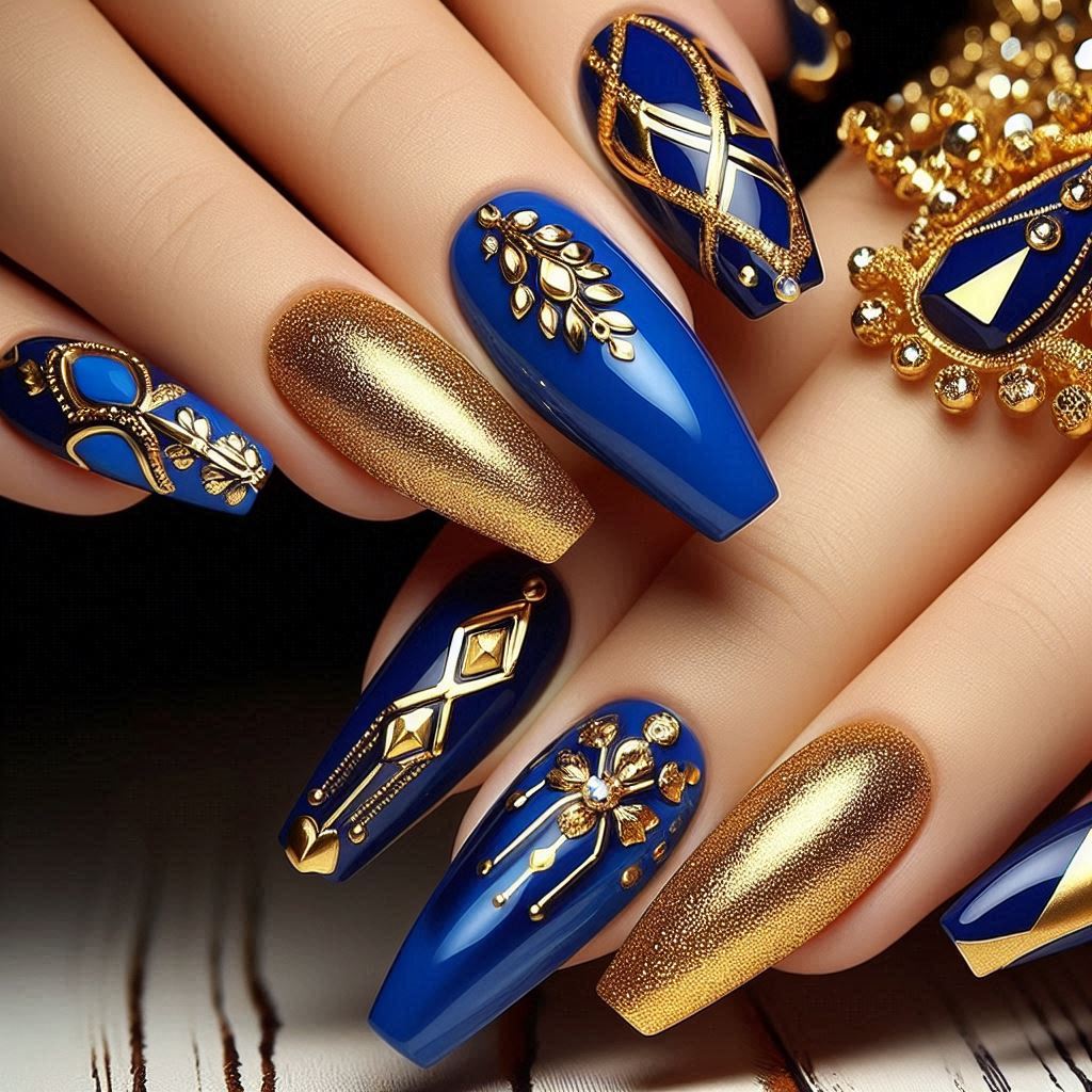 Royal Blue and Gold Nail Designs