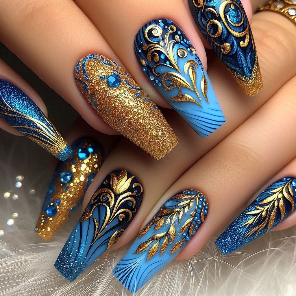 Baby Blue and Gold Nail Designs