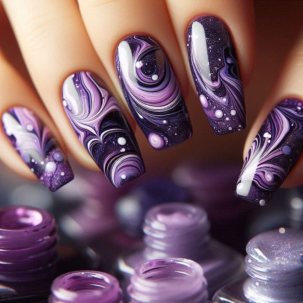 purple marble cosmic nail designs