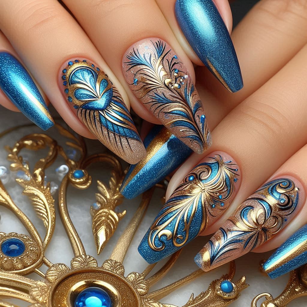 Blue and Gold Acrylic Nail Designs