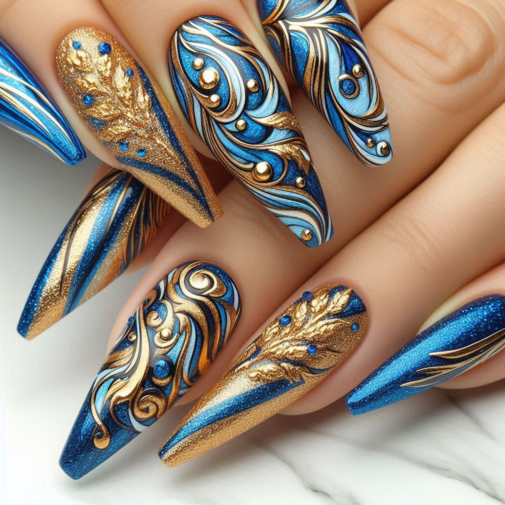 Blue and Gold Acrylic Nail Designs