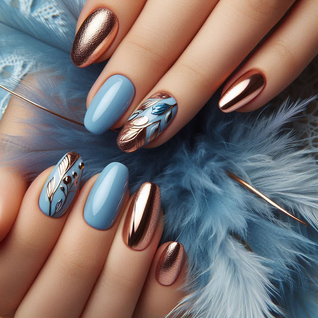 Blue and Rose Gold Nail Designs