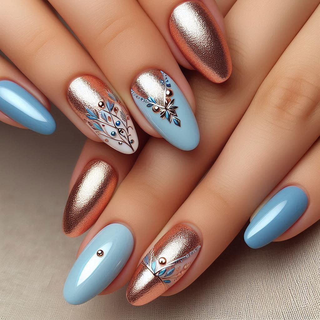 Blue and Rose Gold Nail Designs