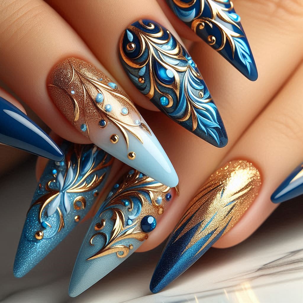 Baby Blue and Gold Nail Designs