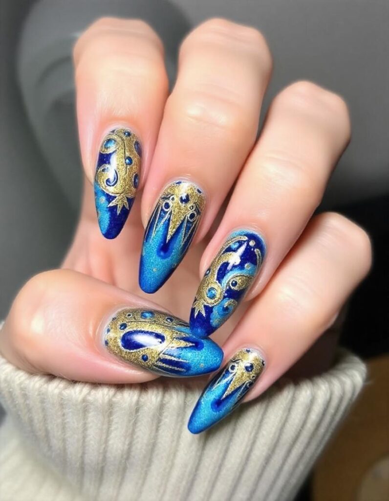 Blue and Gold Acrylic Nail Designs