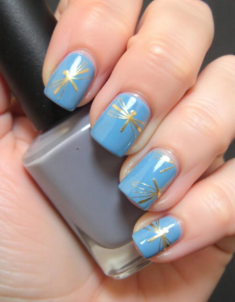 Blue and Gold Dragonfly Nail Designs