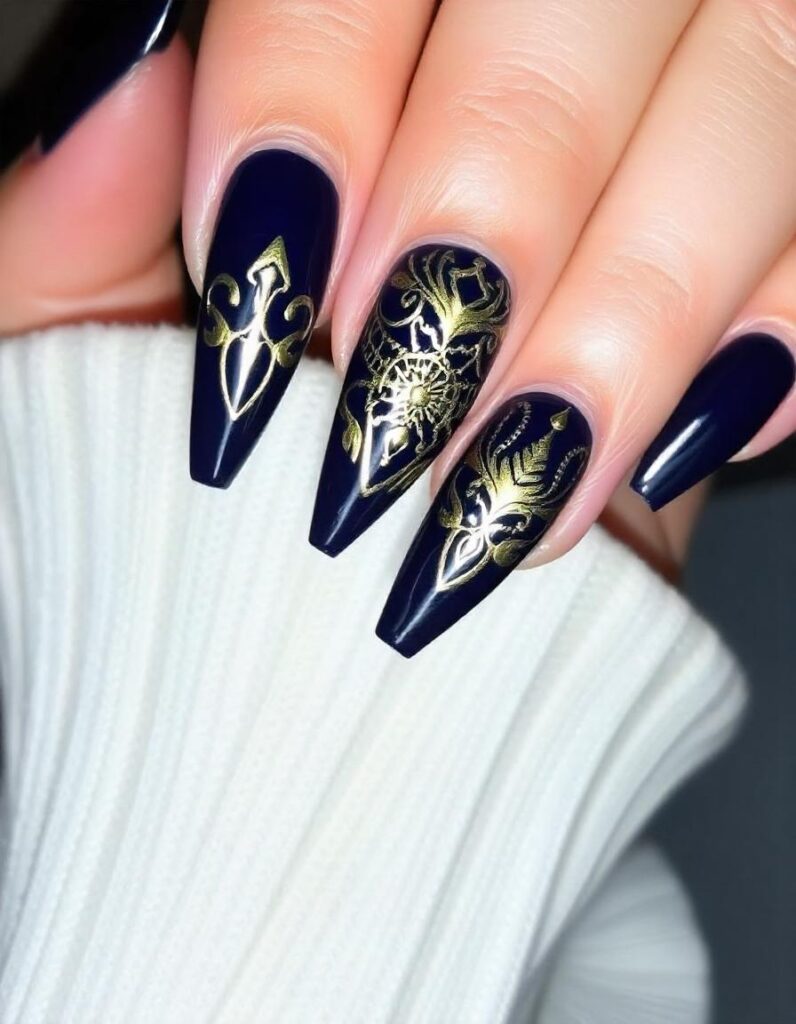 Dark Blue and Gold Nail Designs