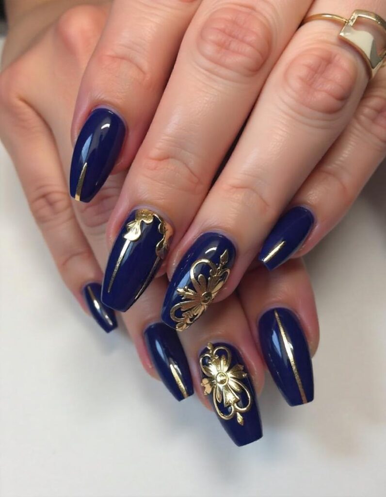 Dark Blue and Gold Nail Designs