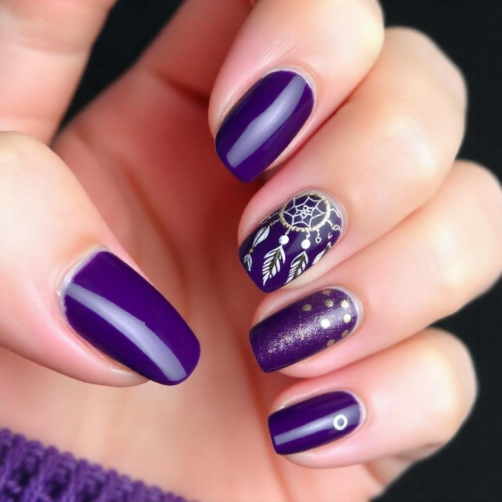 purple and white Dreamcatcher nail design