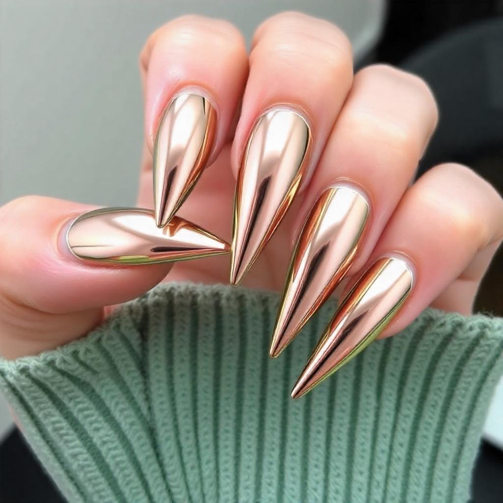 gold metallic edgy stiletto nail designs