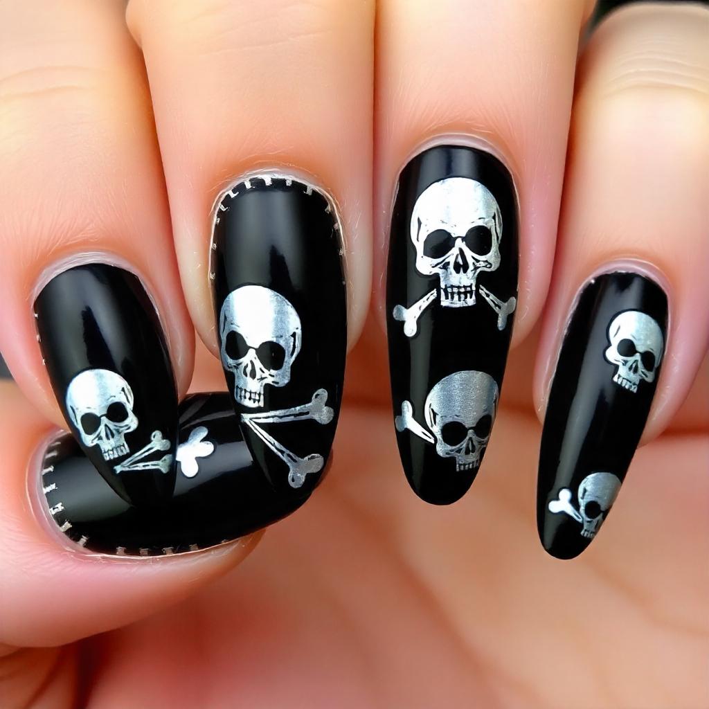 skull and cross bones nail arts