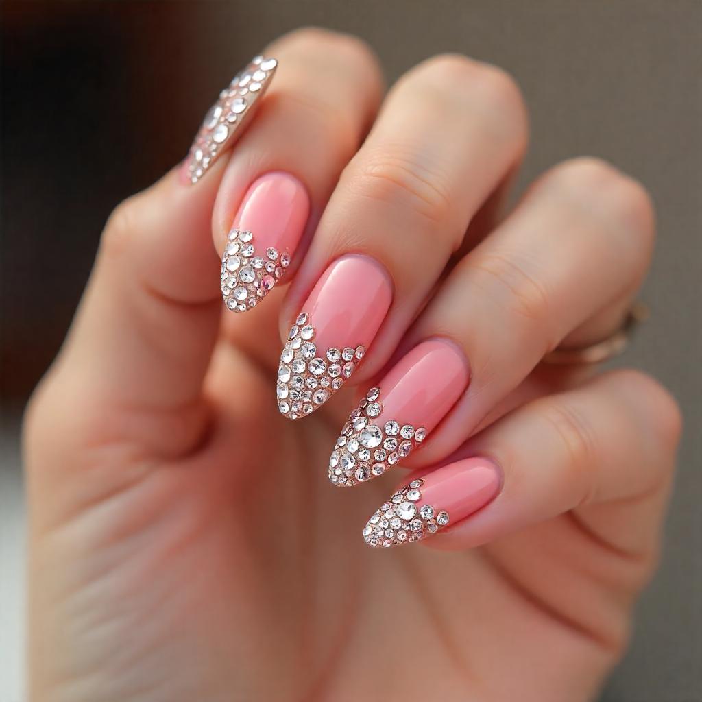 almond shaped Rhinestone nails