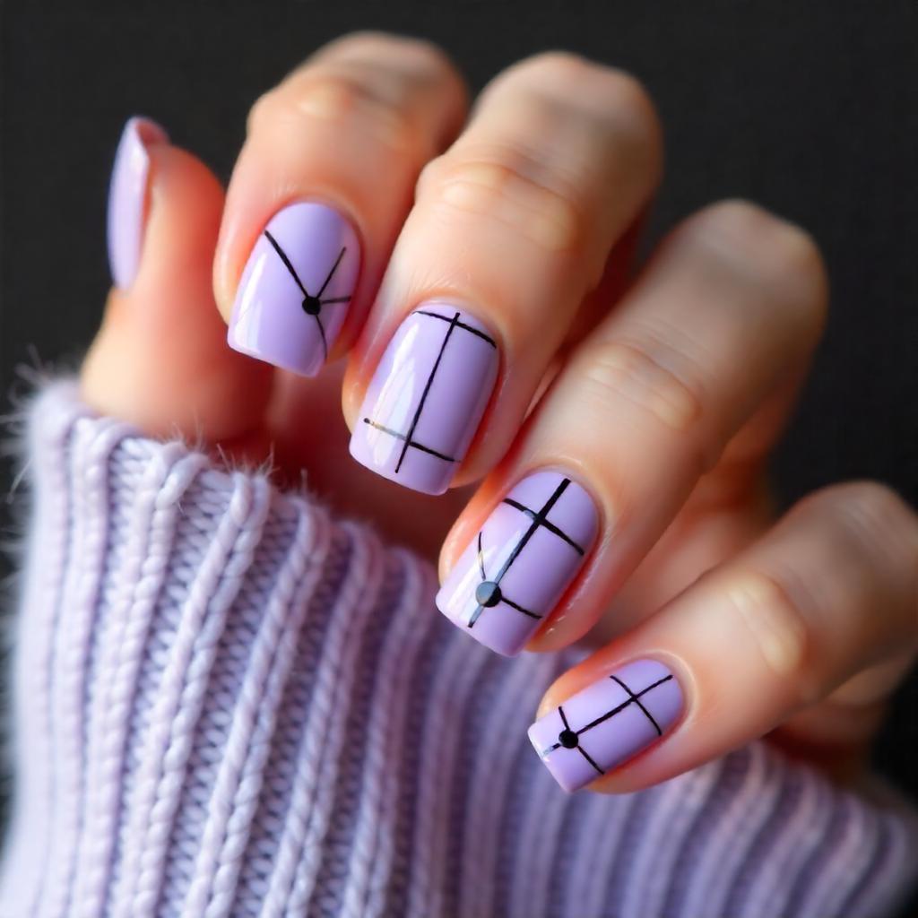 Lavender and Black Geometric Lines nails