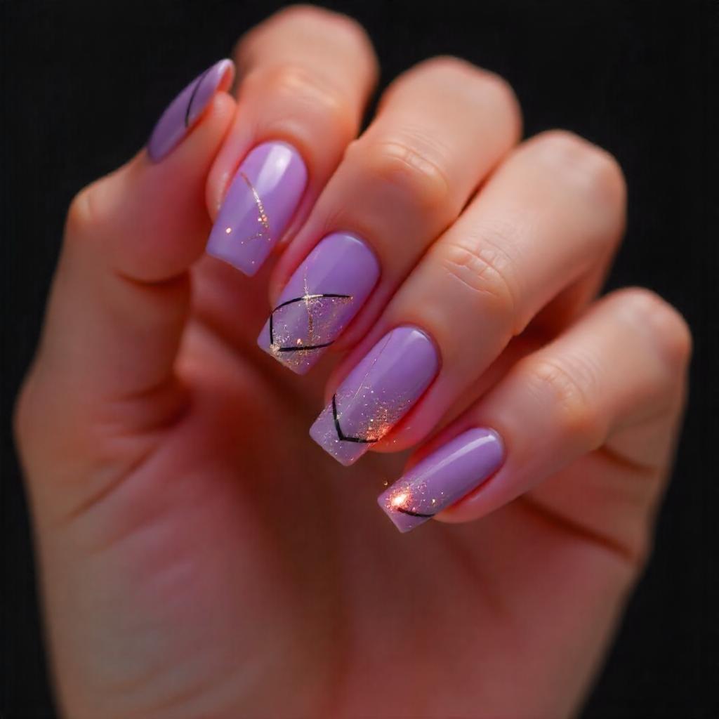 Lavender and Black Geometric Lines nails