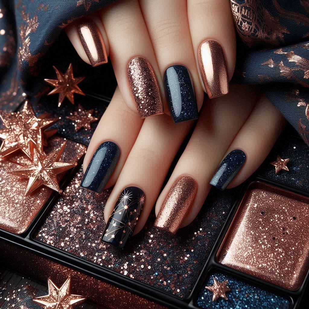 Rose gold with Navy Blue nail designs