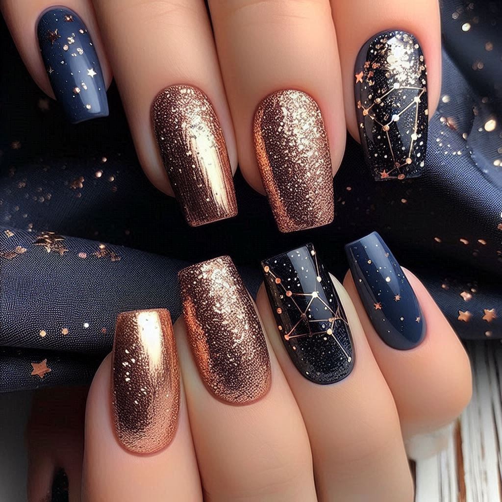 Rose gold with Navy Blue nail design