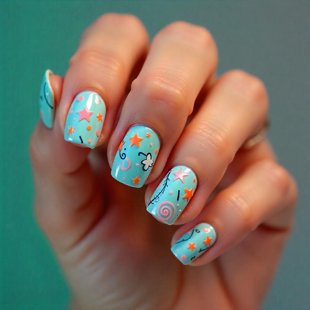 aqua blue doodle nails