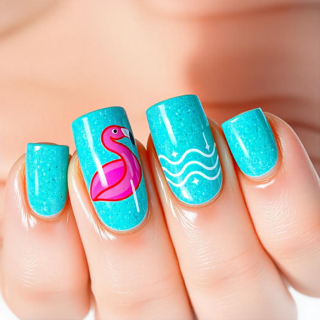 aqua blue flamingo nails