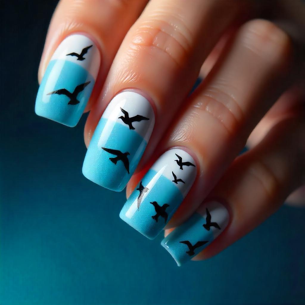 aqua blue seagull nails