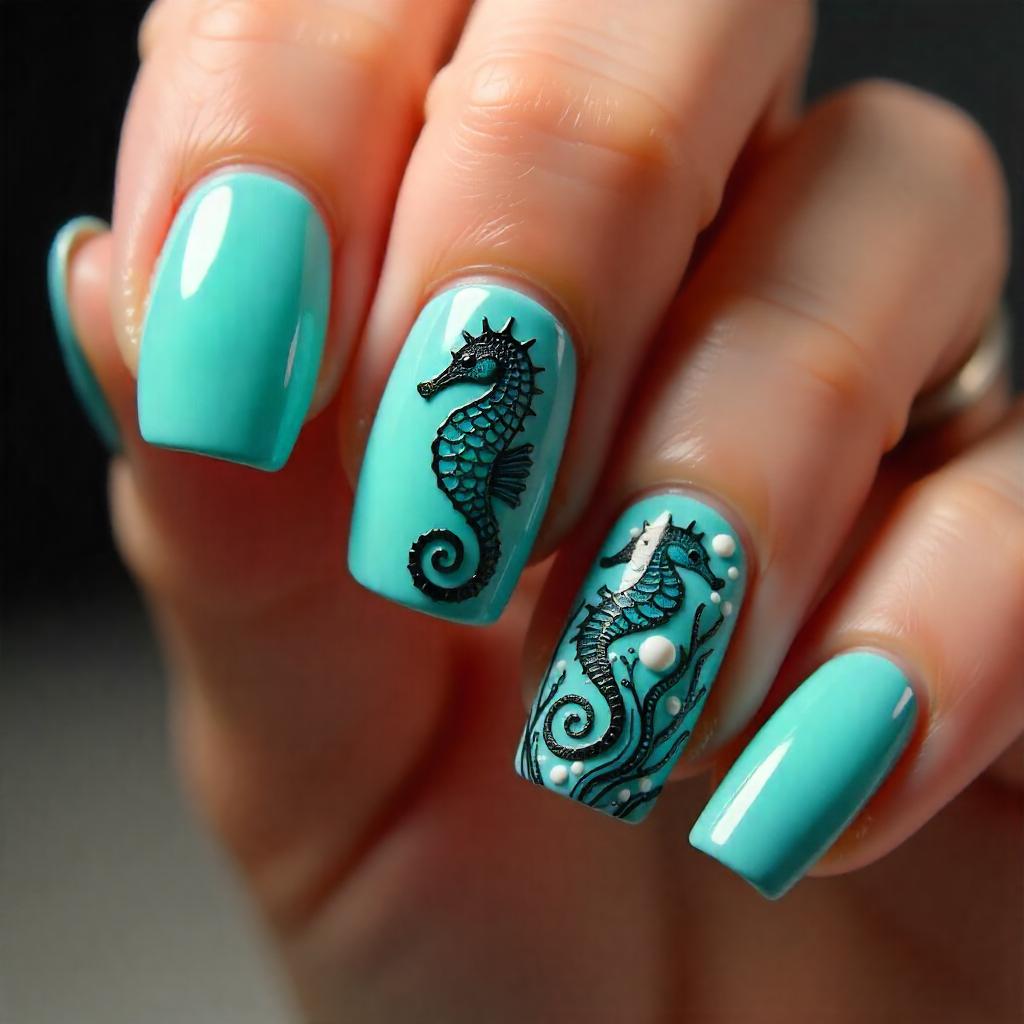 aqua blue seahorses nail designs