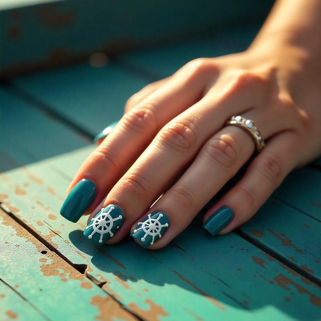 aqua blue ship wheel nail designs