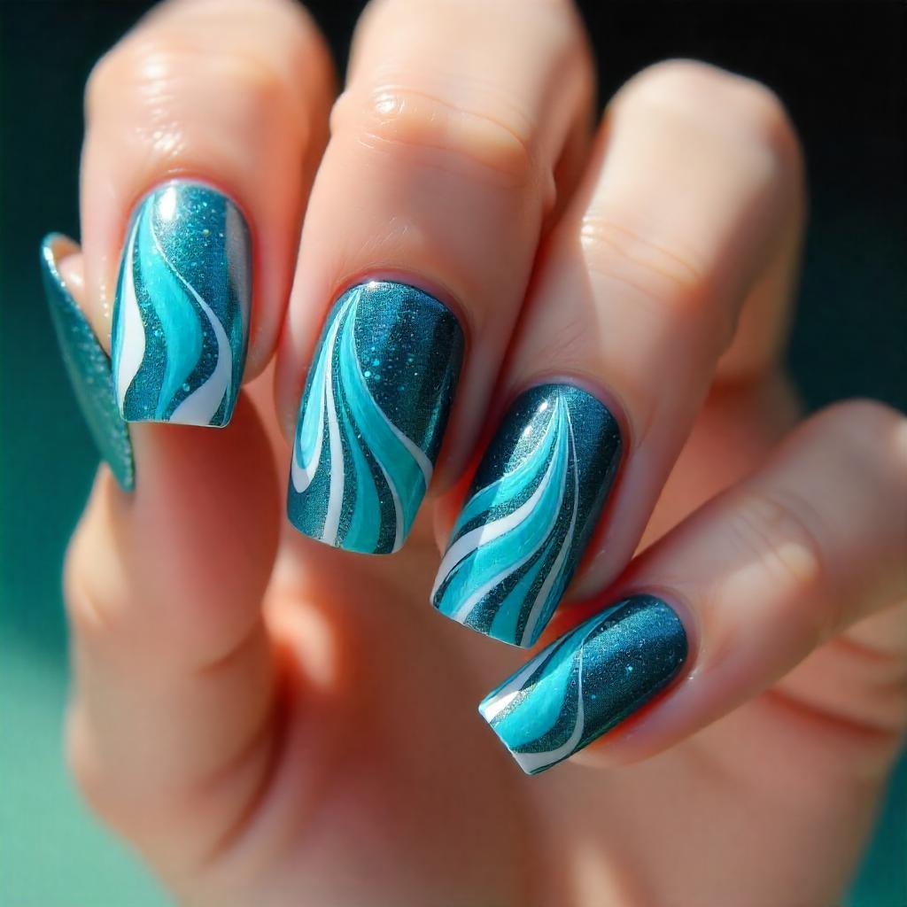 aqua blue swirls nails